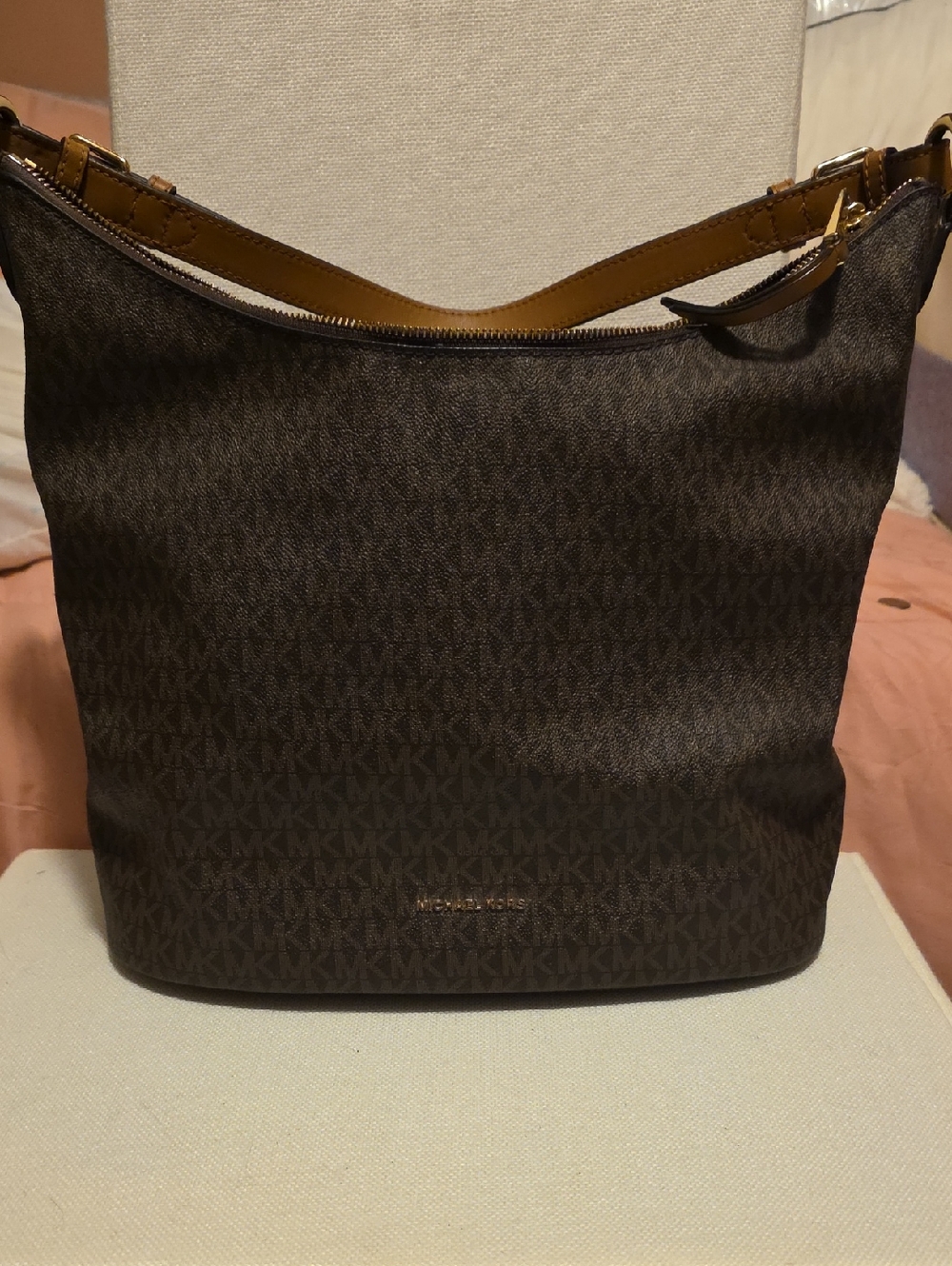 Michael Kors Dark Brown Logo Dome-Top Shoulder Bag with Tan Trim